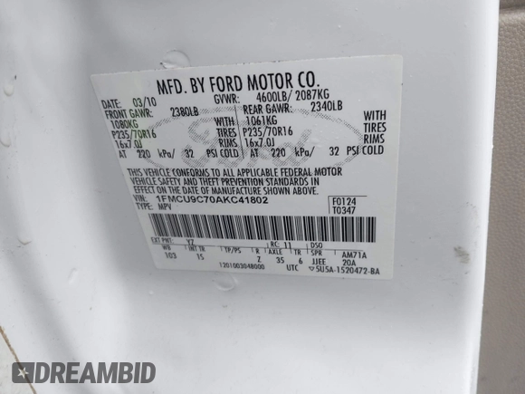 2010 Ford Escape XLS with VIN 1FMCU9C70AKC41802, listed as a IAAI auction lot 42163243 with 106,189 mi miles and . Bid and sale history available at DreamBid. Image 9.