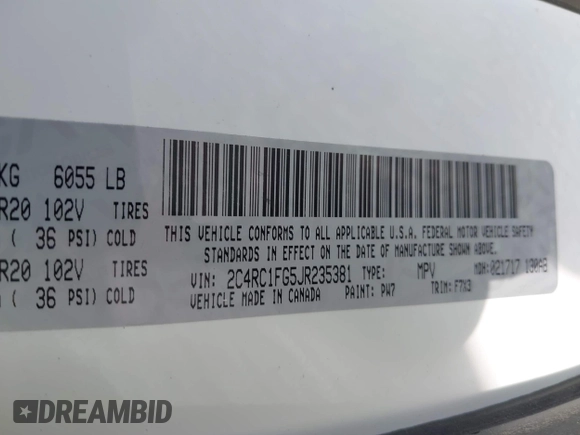 2018 Chrysler Pacifica Touring Plus with VIN 2C4RC1FG5JR235381, listed as a IAAI auction lot 42096588 with 91,998 mi miles and . Bid and sale history available at DreamBid. Image 9.