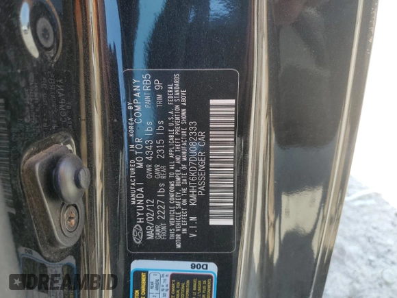 2013 Hyundai Genesis Coupe 2.0T with VIN KMHHT6KD7DU082333, listed as a Copart auction lot 53736855 with 128,725 mi miles and Clean title. Bid and sale history available at DreamBid. Image 13.
