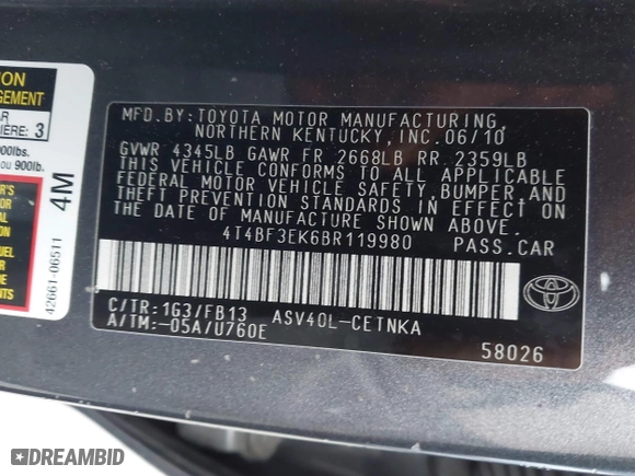 2011 Toyota Camry LE with VIN 4T4BF3EK6BR119980, listed as a IAAI auction lot 41885521 with 113,697 mi miles. Bid and sale history available at carsss.com. Image 9.