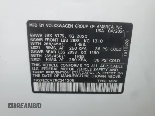 2024 Volkswagen Atlas SEL Premium R-Line с VIN 1V2FE2CA7RC241205, выставлен на аукционе Copart как лот 45498675 с пробегом 12 255 миль миль и Списание • Salvage title. История ставок и продаж доступна на DreamBid. Изображение 14.