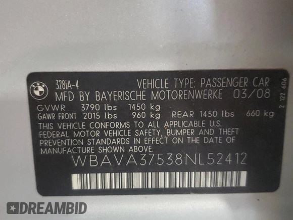 2008 BMW 3 Series 328i with VIN WBAVA37538NL52412, listed as a Copart auction lot 52848775 with 116,788 mi miles and Clean Title. Bid and sale history available at DreamBid. Image 12.
