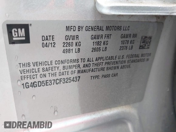 2012 Buick LaCrosse Premium 1 with VIN 1G4GD5E37CF325437, listed as a IAAI auction lot 42434040 with 201,528 mi miles and . Bid and sale history available at DreamBid. Image 9.