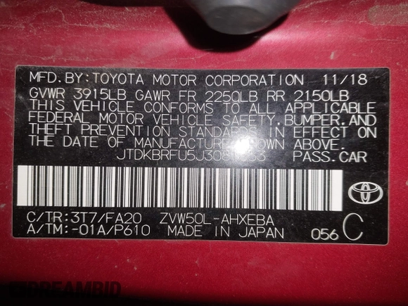 2018 Toyota Prius Two with VIN JTDKBRFU5J3081353, listed as a IAAI auction lot 41860691 with 167,091 mi miles and . Bid and sale history available at carsss.com. Image 9.
