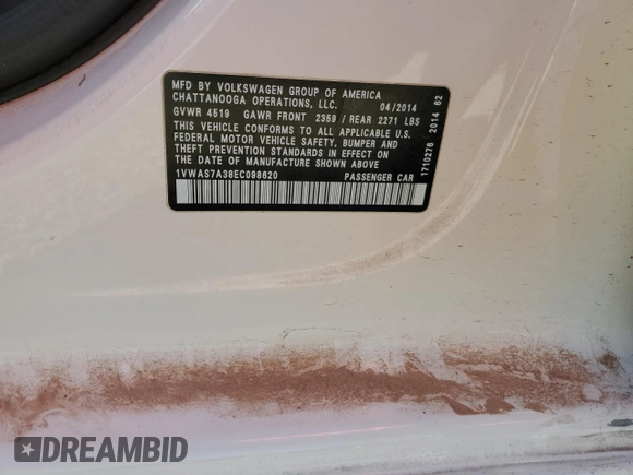 2014 Volkswagen Passat S with VIN 1VWAS7A38EC098620, listed as a Copart auction lot 79726784 with 117,448 mi miles and Salvage Title. Bid and sale history available at carsss.com. Image 14.