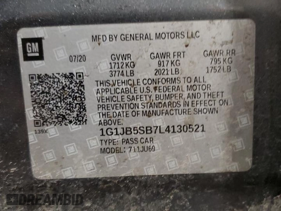 2020 Chevrolet Sonic LS с VIN 1G1JB5SB7L4130521, выставлен на аукционе Copart как лот 45051085 с пробегом 123 236 миль миль и На запчасти • Non repairable. История ставок и продаж доступна на DreamBid. Изображение 14.