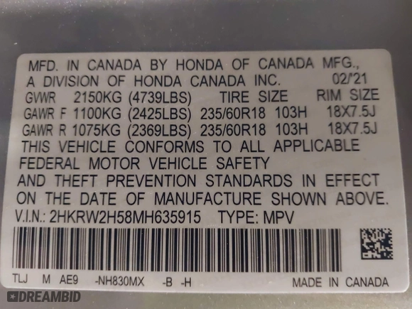 2021 Honda CR-V EX with VIN 2HKRW2H58MH635915, listed as a IAAI auction lot 41379995 with 38,319 mi miles. Bid and sale history available at carsss.com. Image 9.