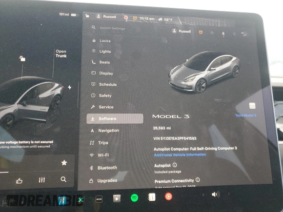 2023 Tesla Model 3 with VIN 5YJ3E1EA3PF541593, listed as a Copart auction lot 43926455 with 26,593 mi miles and Salvage title. Bid and sale history available at DreamBid. Image 9.