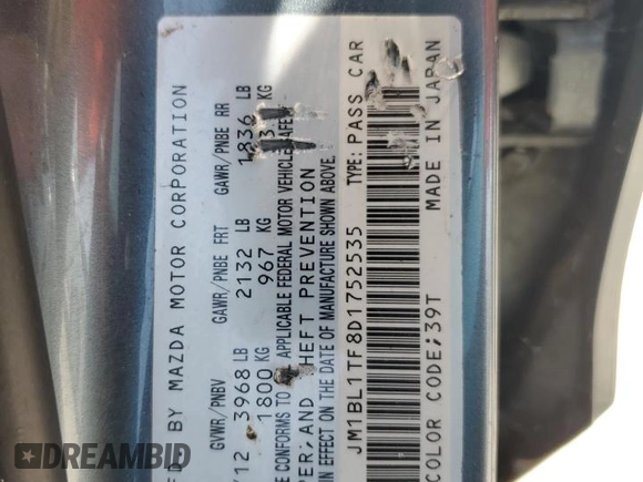 2013 Mazda 3 i SV with VIN JM1BL1TF8D1752535, listed as a Copart auction lot 52897985 with Not Provided miles and Clean Title. Bid and sale history available at DreamBid. Image 12.