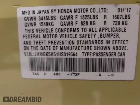 2017 Honda Fit LX with VIN JHMGK5H51HS019564, listed as a IAAI auction lot 41166197 with 58,438 mi miles. Bid and sale history available at carsss.com. Image 9.