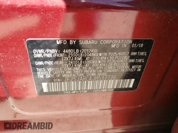 2018 Subaru Forester Limited with VIN JF2SJARC4JH537726, listed as a Copart auction lot 64922082 with 0 mi miles. Bid and sale history available at carsss.com. Image 10.