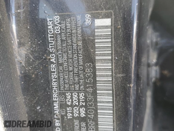 2003 Mercedes-Benz C 230 Kompressor with VIN WDBRF40J33F415383, listed as a Copart auction lot 76595584 with Not Provided miles and Salvage Title. Bid and sale history available at DreamBid. Image 12.