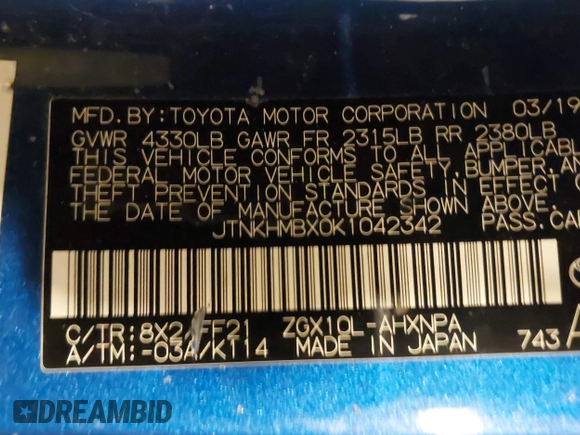 2019 Toyota C-HR XLE with VIN JTNKHMBX0K1042342, listed as a IAAI auction lot 41935879 with 54,190 mi miles and . Bid and sale history available at DreamBid. Image 9.