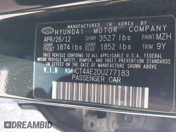 2013 Hyundai Accent GLS with VIN KMHCT4AE2DU277183, listed as a IAAI auction lot 42115698 with 103,666 mi miles. Bid and sale history available at carsss.com. Image 9.