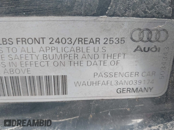 2010 Audi A4 2.0T Premium Plus with VIN WAUHFAFL3AN039174, listed as a IAAI auction lot 41905038 with 1 mi miles. Bid and sale history available at carsss.com. Image 9.