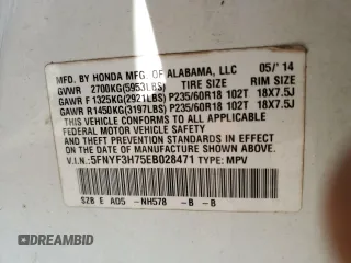 2014 Honda Pilot EX-L with VIN 5FNYF3H75EB028471, listed as a Copart auction lot 81344784 with 140,814 mi miles and Salvage Title. Bid and sale history available at DreamBid. Image 15.
