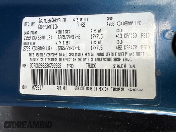 2003 Dodge 2500 ST z VIN 3D7KU28623G702683, wystawiony jako Copart lot #57917605 z przebiegiem 263 449 mil mil oraz Szkoda całkowita • Salvage title. Historia ofert i sprzedaży dostępna na DreamBid. Obrazek 10.