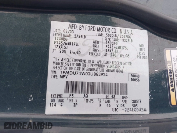 2003 Ford Explorer Eddie Bauer with VIN 1FMDU74W03UB83924, listed as a IAAI auction lot 41614534 with 166,120 mi miles and . Bid and sale history available at DreamBid. Image 9.