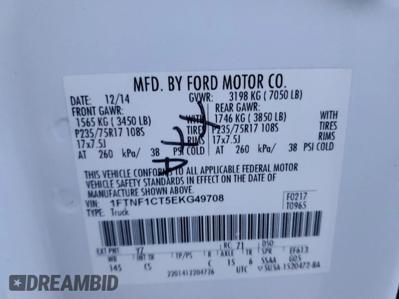 2014 Ford F-150 XL с VIN 1FTNF1CT5EKG49708, выставлен на аукционе Copart как лот 81585104 с пробегом 261 793 миль миль и Чистый • Clean title. История ставок и продаж доступна на DreamBid. Изображение 12.