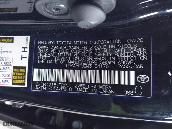 2021 Toyota Prius L Eco with VIN JTDKAMFU2M3134178, listed as a IAAI auction lot 41975477 with 26,936 mi miles. Bid and sale history available at carsss.com. Image 9.