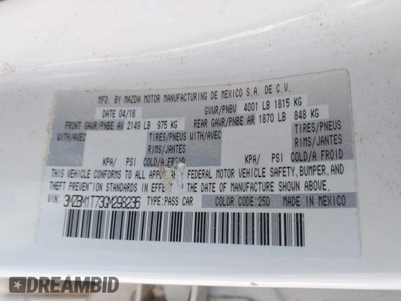 2016 Mazda 3 i Sport with VIN 3MZBM1T73GM298236, listed as a IAAI auction lot 42013829 with 54,599 mi miles and . Bid and sale history available at DreamBid. Image 9.