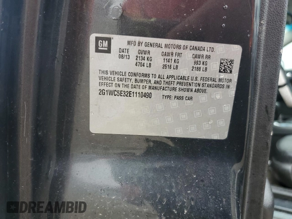 2014 Chevrolet Impala LTZ with VIN 2G1WC5E32E1110490, listed as a Copart auction lot 51873165 with 162,790 mi miles and Salvage Title. Bid and sale history available at DreamBid. Image 13.