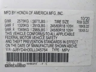 2020 Acura MDX with VIN 5J8YD4H30LL045764, listed as a IAAI auction lot 41697580 with 36,410 mi miles. Bid and sale history available at carsss.com. Image 9.