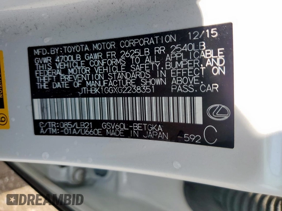 2016 Lexus ES 330 with VIN JTHBK1GGXG2238351, listed as a Copart auction lot 61238925 with 62,447 mi miles and Salvage title. Bid and sale history available at DreamBid. Image 12.