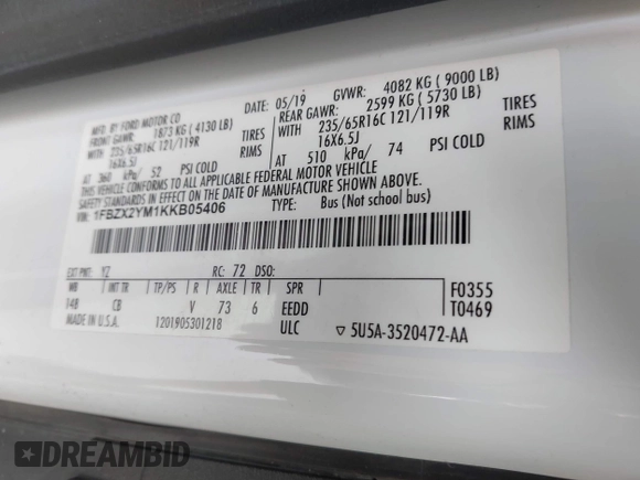 2019 Ford Transit Passenger XL с VIN 1FBZX2YM1KKB05406, выставлен на аукционе IAAI как лот 42473006 с пробегом 108 979 миль миль и . История ставок и продаж доступна на DreamBid. Изображение 9.