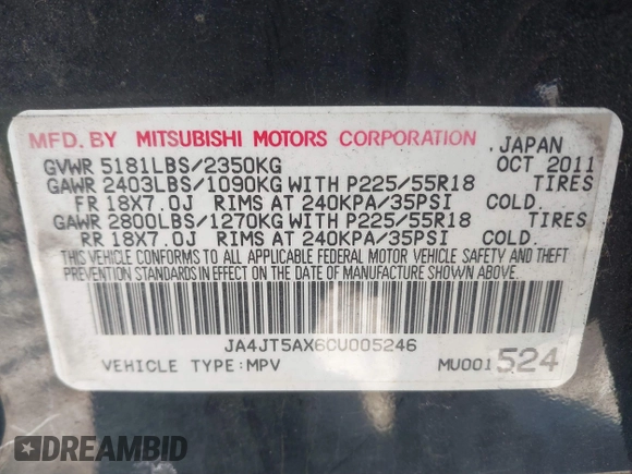 2012 Mitsubishi Outlander GT z VIN JA4JT5AX6CU005246, wystawiony jako IAAI lot #41408153 z przebiegiem 126 677 mil mil oraz . Historia ofert i sprzedaży dostępna na DreamBid. Obrazek 9.