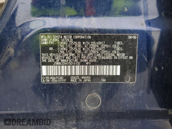 2007 Toyota RAV4 with VIN JTMBK33V475016100, listed as a Copart auction lot 43851275 with 201,924 mi miles and Clean Title. Bid and sale history available at carsss.com. Image 14.