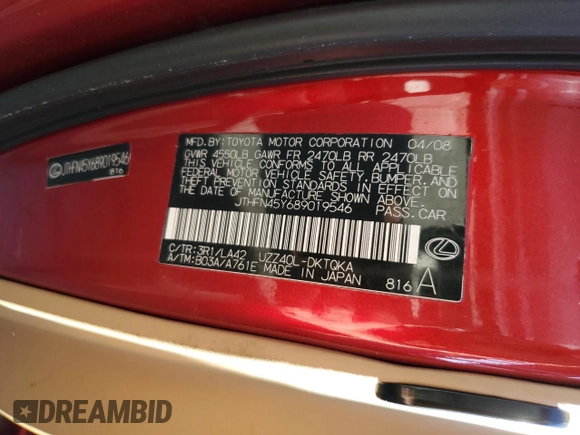2008 Lexus SC 430 с VIN JTHFN45Y689019546, выставлен на аукционе Copart как лот 75586654 с пробегом 136 941 миль миль и Списание • Salvage title. История ставок и продаж доступна на DreamBid. Изображение 12.