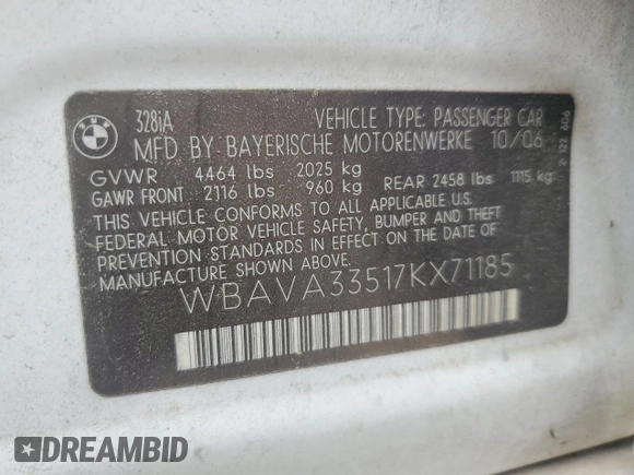 2007 BMW 3 Series 328i with VIN WBAVA33517KX71185, listed as a Copart auction lot 53839015 with Not provided miles and Salvage title. Bid and sale history available at DreamBid. Image 12.