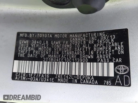 2013 Toyota Corolla L with VIN 2T1BU4EE1DC113900, listed as a IAAI auction lot 41803740 with 75,141 mi miles and . Bid and sale history available at DreamBid. Image 9.