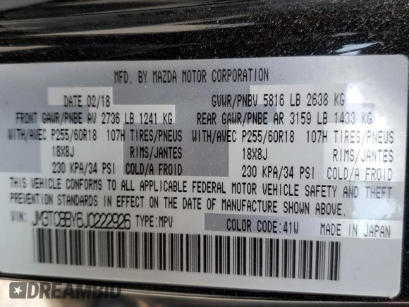 2018 Mazda CX-9 Sport with VIN JM3TCBBY6J0222926, listed as a Copart auction lot 80092964 with 70,189 mi miles and Non Repairable. Bid and sale history available at carsss.com. Image 16.