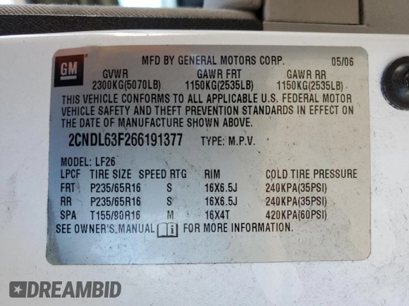 2006 Chevrolet Equinox LT z VIN 2CNDL63F266191377, wystawiony jako Copart lot #57358585 z przebiegiem 114 555 mil mil oraz Szkoda całkowita • Salvage title. Historia ofert i sprzedaży dostępna na DreamBid. Obrazek 13.