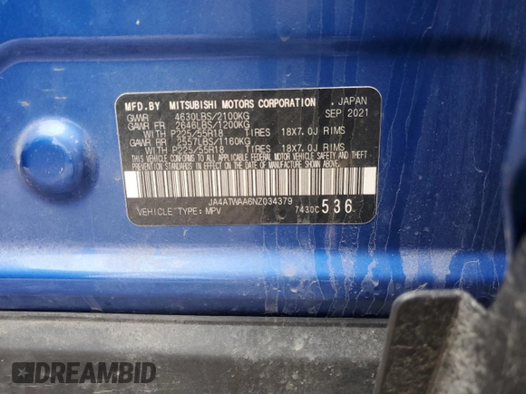 2022 Mitsubishi Eclipse Cross SE z VIN JA4ATWAA6NZ034379, wystawiony jako Copart lot #53788125 z przebiegiem 97 576 mil mil oraz Szkoda całkowita • Salvage title. Historia ofert i sprzedaży dostępna na DreamBid. Obrazek 13.