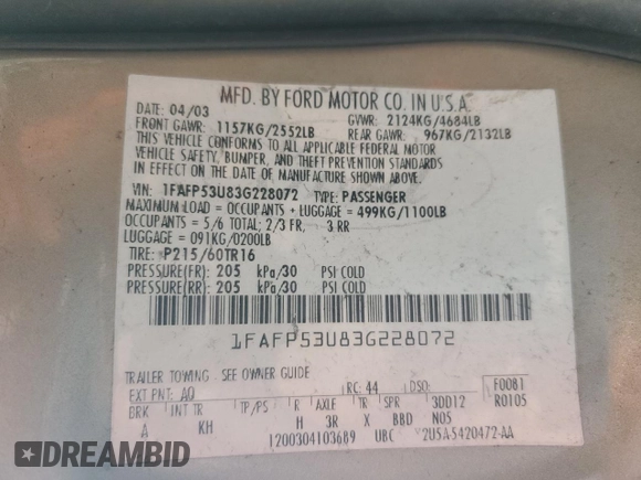 2003 Ford Taurus SE Standard with VIN 1FAFP53U83G228072, listed as a Copart auction lot 57486335 with 93,451 mi miles and Salvage title. Bid and sale history available at DreamBid. Image 13.