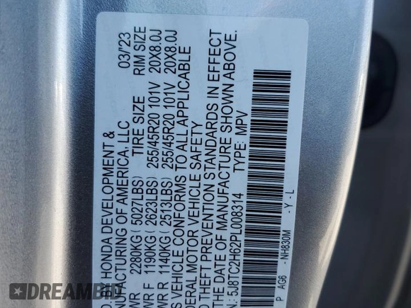 2023 Acura RDX w/A-Spec Package with VIN 5J8TC2H62PL008314, listed as a Copart auction lot 52174734 with 15,653 mi miles. Bid and sale history available at carsss.com. Image 14.