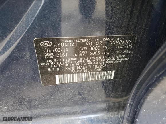 2015 Hyundai Elantra Limited with VIN KMHDH4AE4FU282295, listed as a Copart auction lot 46590195 with 95,388 mi miles and Salvage Title. Bid and sale history available at carsss.com. Image 12.