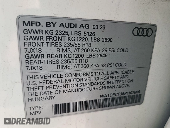 2023 Audi Q3 S line Premium with VIN WA1DECF38P1107608, listed as a IAAI auction lot 42731409 with 45,002 mi miles and . Bid and sale history available at DreamBid. Image 17.