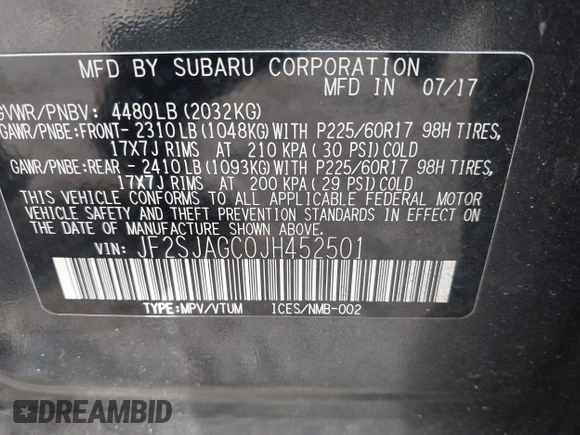 2018 Subaru Forester Premium with VIN JF2SJAGC0JH452501, listed as a IAAI auction lot 41871403 with 65,412 mi miles. Bid and sale history available at carsss.com. Image 9.