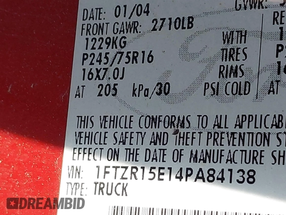 2004 Ford Ranger XL Fleet z VIN 1FTZR15E14PA84138, wystawiony jako IAAI lot #42578495 z przebiegiem Nie podano mil oraz . Historia ofert i sprzedaży dostępna na DreamBid. Obrazek 9.