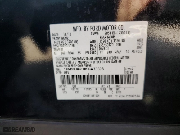 2019 Ford Explorer Sport with VIN 1FM5K8GT0KGA73308, listed as a Copart auction lot 71674294 with 63,206 mi miles and Salvage Title. Bid and sale history available at carsss.com. Image 13.