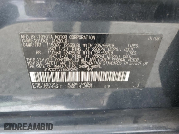 2008 Toyota RAV4 Sport with VIN JTMZD32V785092941, listed as a Copart auction lot 54556285 with 135,389 mi miles and Clean title. Bid and sale history available at DreamBid. Image 13.