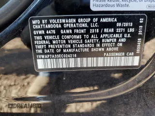 2014 Volkswagen Passat S with VIN 1VWAP7A33EC024216, listed as a Copart auction lot 61839005 with 101,196 mi miles and Salvage title. Bid and sale history available at DreamBid. Image 13.