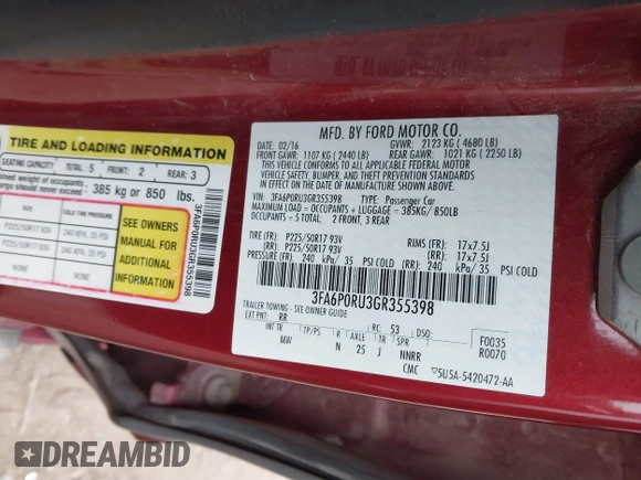 2016 Ford Fusion Titanium Hybrid with VIN 3FA6P0RU3GR355398, listed as a IAAI auction lot 41140669 with 125,959 mi miles. Bid and sale history available at carsss.com. Image 9.