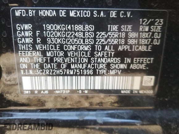 2024 Honda HR-V Sport with VIN 3CZRZ2H57RM751996, listed as a Copart auction lot 46361045 with 11,812 mi miles and Salvage Title. Bid and sale history available at DreamBid. Image 15.