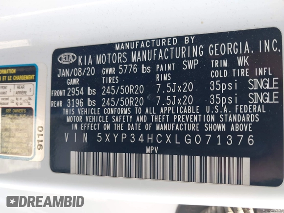 2020 Kia Telluride EX z VIN 5XYP34HCXLG071376, wystawiony jako IAAI lot #41992345 z przebiegiem 95 505 mil mil oraz . Historia ofert i sprzedaży dostępna na DreamBid. Obrazek 9.