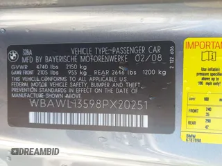 2008 BMW 3 Series 328i with VIN WBAWL13598PX20251, listed as a IAAI auction lot 42152184 with 130,908 mi miles and . Bid and sale history available at DreamBid. Image 9.